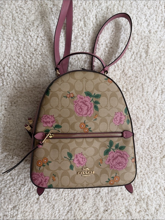 Coach Handbags - Coach Beige Floral Signature Mini Backpack with Pink Trim